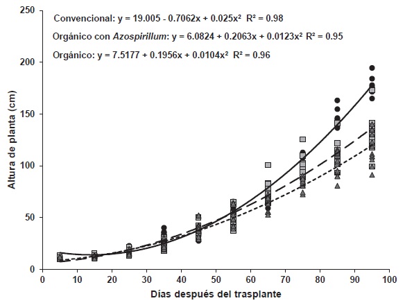 Efecto de los sistemas de producci&oacute;n convencional (l&iacute;nea continua), org&aacute;nico con aplicaci&oacute;n de Azospirillum (l&iacute;nea discontinua larga) y org&aacute;nico sin Azospirillum (l&iacute;nea discontinua corta) sobre la altura de los genotipos de chile Huacle. UAAAN-Unidad Laguna, 2015. 