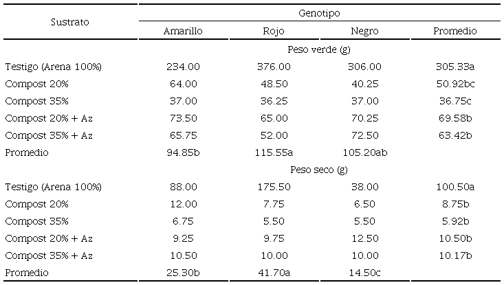 Promedio del peso verde y peso seco de la ra&iacute;z de la planta para los tratamientos org&aacute;nicos e inorg&aacute;nicos en los genotipos de chile Huacle. UAAAN-Unidad Laguna. 2015.