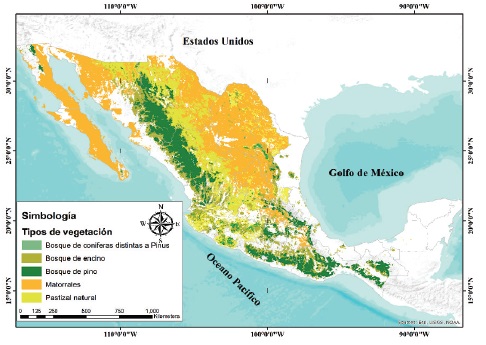 Localizaci&oacute;n de bosques templados de M&eacute;xico. Fuente: INEGI (2016). 