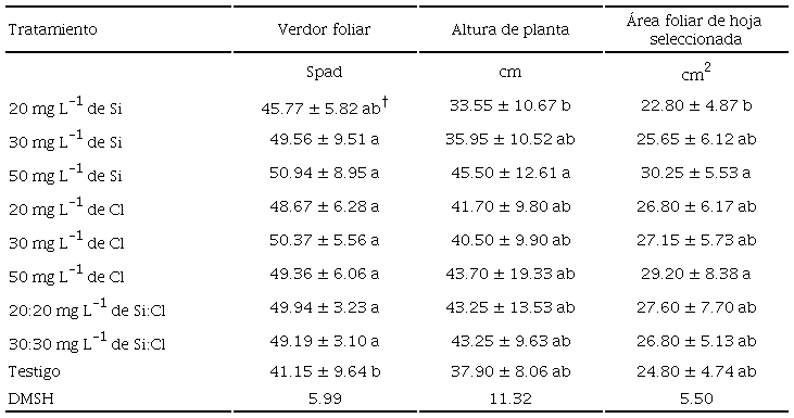 Respuesta de plantas de pepino en verdor foliar, altura de plantas y área foliar expuesto al tratamiento con silicio (Si) o cloro (Cl) en condiciones de casa sombra. 