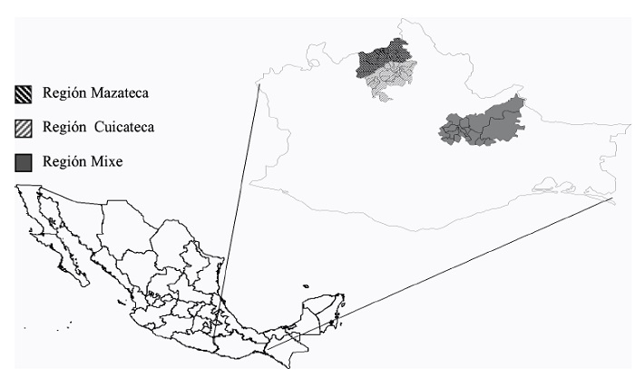 Localización geográfica de las regiones de la Sierra Norte, Oaxaca, México.