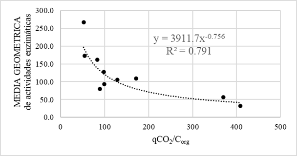 Correlaci&oacute;n entre la MGae y el cociente de eficiencia metab&oacute;lica qCO2/Corg en los suelos estudiados.