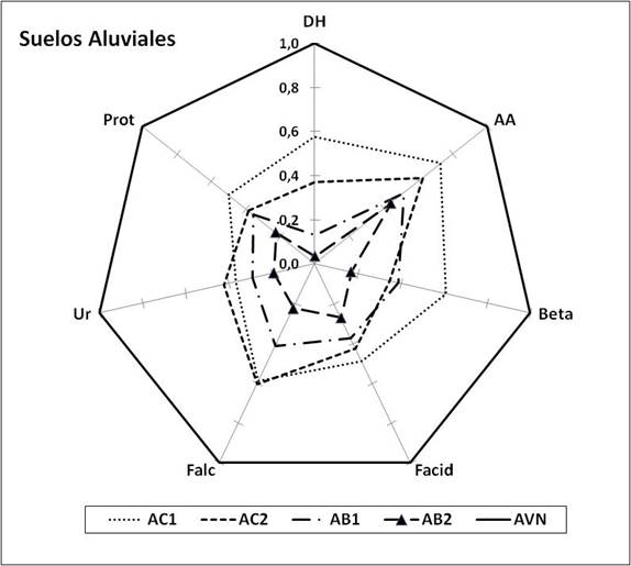 &Iacute;ndice de Calidad de Suelo por &Aacute;rea (ICSArea) para los suelos aluviales bajo diferentes tipos de uso: suelos cultivados con ca&ntilde;a de az&uacute;car (C), banano (B) y vegetaci&oacute;n nativa (VN).