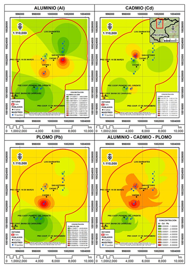 Figure 4:Spatial distribution of the concentrations of aluminum (Al), cadmium (Cd) and lead (Pb) in soils of the northeastern region of the Ecuadorian Amazon. Colors from orange to red indicate higher concentrations of the metals.