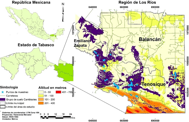 Ubicaci&oacute;n geogr&aacute;fica del &aacute;rea de estudio y la distribuci&oacute;n de los puntos de muestreo de los suelos de la Regi&oacute;n de Los R&iacute;os, Tabasco, M&eacute;xico. 
