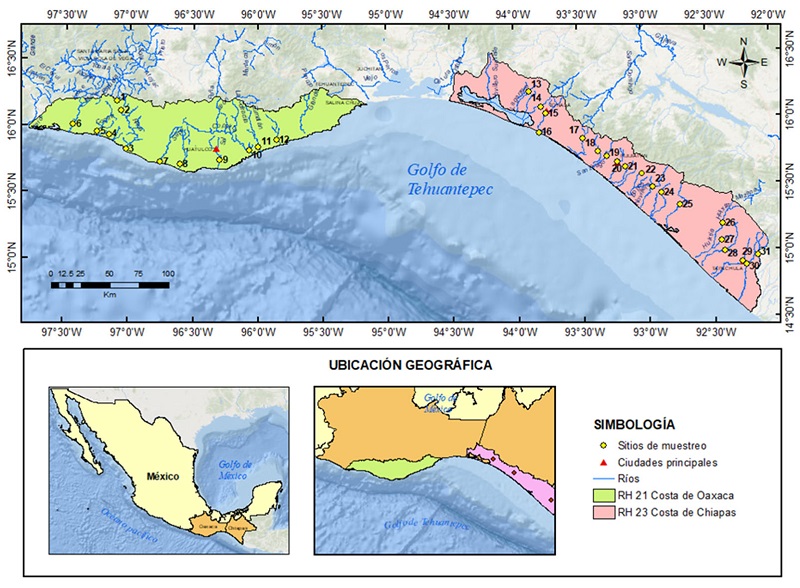 Ubicaci&oacute;n geogr&aacute;fica de las estaciones de muestreo en las RH 21 y 23 costa de Oaxaca y costa de Chiapas, M&eacute;xico.