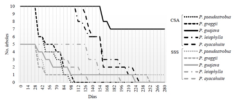 Supervivencia de las especies en CSA y en SSS.
