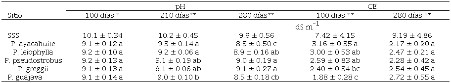 pH y CE en CSA por cada bloque (especies de pino) y en SSS.