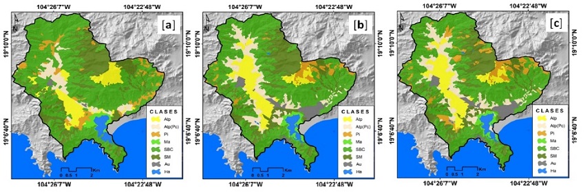 Uso de suelo y vegetaci&oacute;n [a] a&ntilde;o 1971, [b] a&ntilde;o 2010, [c] a&ntilde;o 2018.