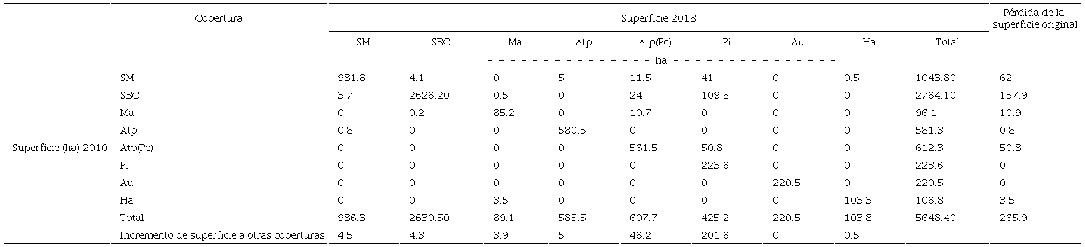 Matriz transici&oacute;n del uso de suelo y vegetaci&oacute;n 2010-2018.