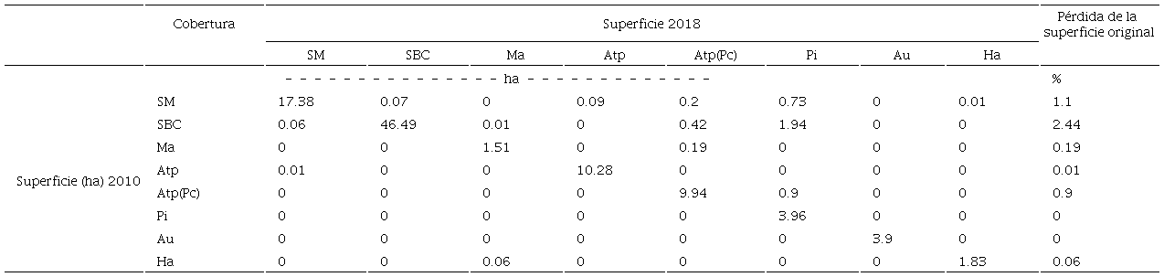 Cambio en la cobertura vegetal y uso de suelo 2010-2018.