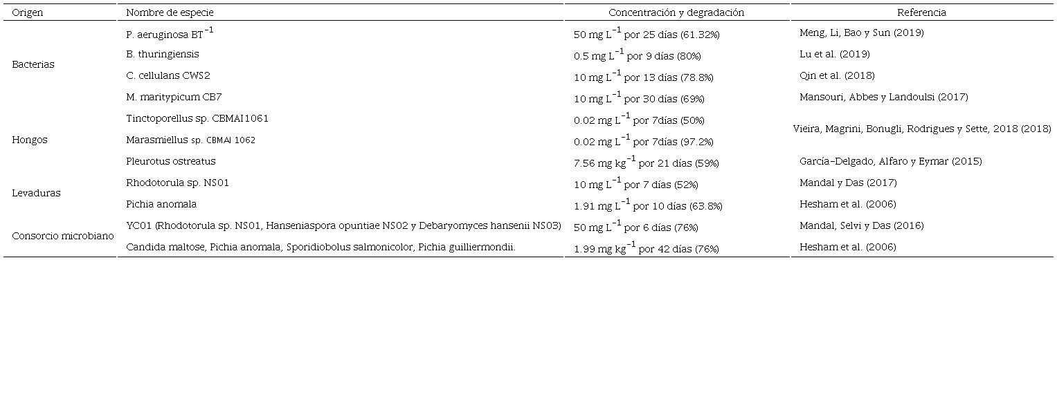 Microorganismos y consorcios microbianos capaces de degradar benzo(a)pyrene (BaP). Tabla modificada de Kumar, Devlina y Nilanjana (2020)).