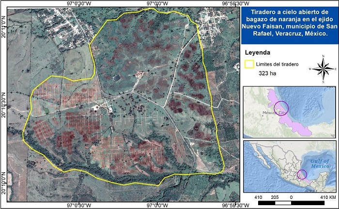 Tiradero a cielo abierto de bagazo de naranja en el ejido &ldquo;El Nuevo Fais&aacute;n&rdquo;, San Rafael, Veracruz, M&eacute;xico. 2019 imagen obtenida de Google Earth Pro.