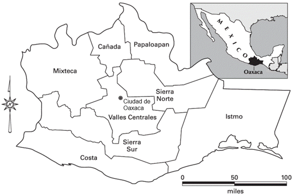 Ubicaci�n geogr�fica del Estado de Oaxaca y sus ocho regiones bioculturales 