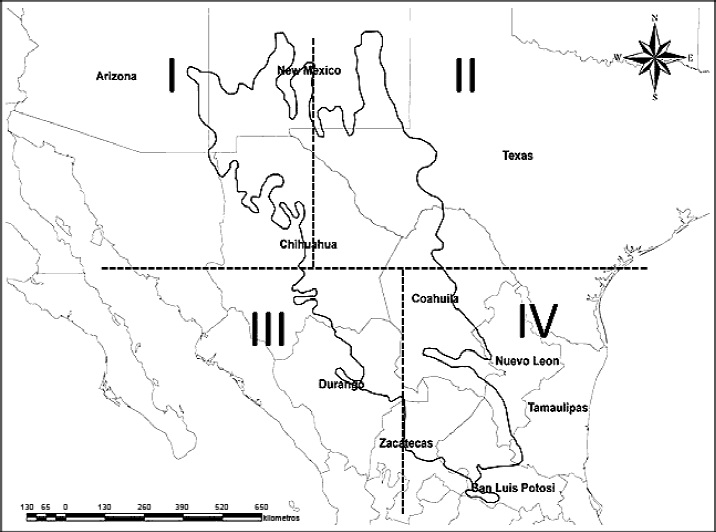 Ubicaci&oacute;n de la regi&oacute;n del Desierto Chihuahuense (de acuerdo con Johnston, 1974), y divisi&oacute;n en cuadrantes.