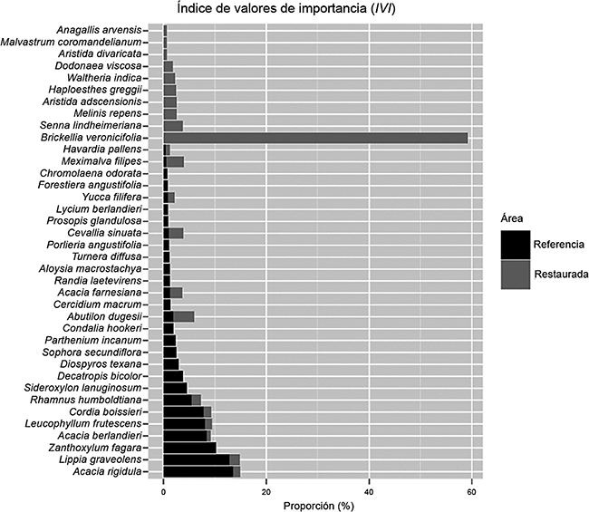 Índice de valor de importancia de las especies en las áreas
								(referencia y restaurada) de estudio.