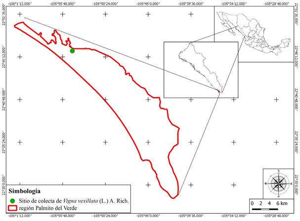 Distribuci&oacute;n geogr&aacute;fica de Vigna vexillata (L.) A. Rich., dentro de la regi&oacute;n Palmito del Verde, Sinaloa, M&eacute;xico. Francisco Amador-Cruz.