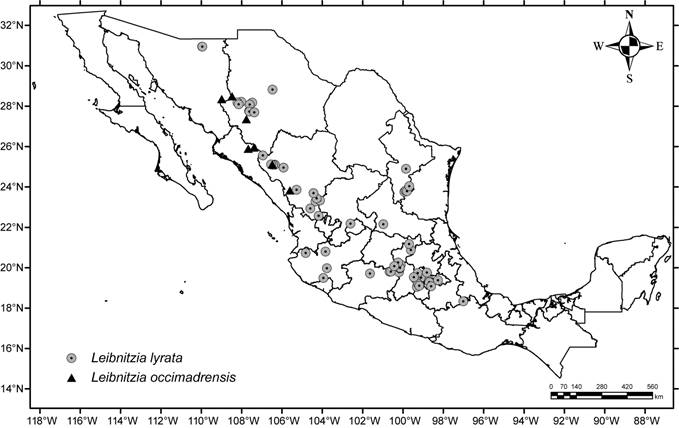 Mapa de distribuci&oacute;n de Leibnitzia lyrata (D.
								Don) G.L. Nesom y L. occimadrensis G.L.
								Nesom.