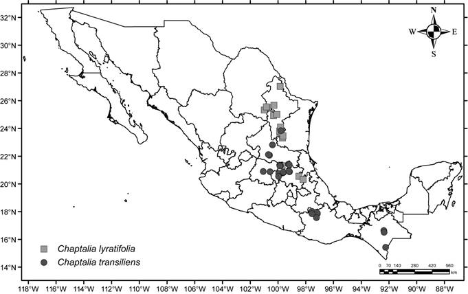 Mapa de distribuci&oacute;n de Chaptalia lyratifolia
								Burkart y C. transiliens G.L. Nesom.
