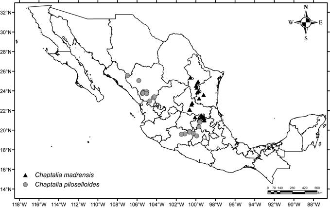 Mapa de distribuci&oacute;n de Chaptalia madrensis G.L.
								Nesom y C. piloselloides (Vahl) Baker.