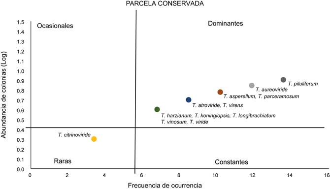 Diagrama de Olmstead-Tukey donde se representa las categor&iacute;as de raras, ocasionales, dominantes y constantes para las especies de Trichoderma Pers. en la parcela Conservada.