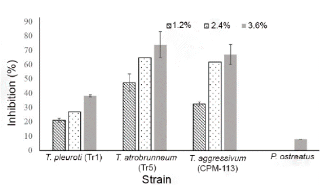 Inhibition of mycelial growth of strains of
										Trichoderma Pers. (Hypocreaceae) and
										Pleurotus ostreatus (Jacq.) P. Kumm. on agar in
							Petri dishes added with the extract of 
							Pycnoporus
							sp.
						