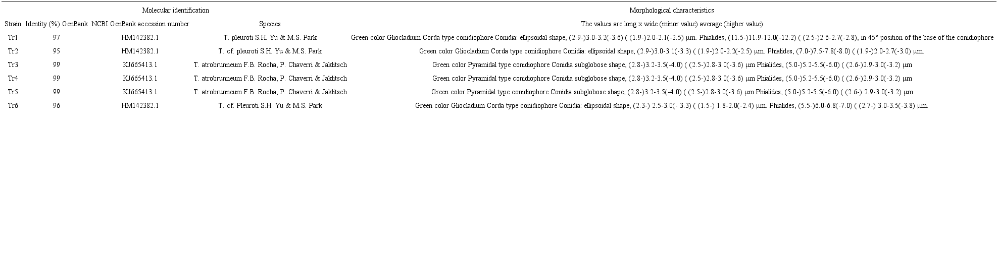 Molecular identification and morphological characteristics of
								strains of 
								Trichoderma Pers. (Hypocreaceae)
								isolated from the culture substrate of 
								Pleurotus
									ostreatus (Jacq.) P. Kumm.
							