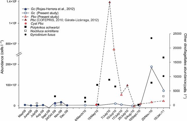 Average abundance per date of sampling of the toxic
									dinoflagellates Gymnodinium catenatum Graham
										(Gc) and Pyrodinium
										bahamense var. compressum (B&ouml;hm)
									Steidinger, Tester et Taylor (Pbc) and their
									predators: Polykrikos schwartzii B&uuml;tschli,
										Noctiluca scintillans (Macartney) Kofoid et
									Swezy, and Gyrodinium fusus (Meunier) Akselman,
									in Acapulco Bay, Mexico; during the period from May 2009 to
									January from 2011. Modified from Meave del Castillo and Zamudio-Resendiz
										(2014)