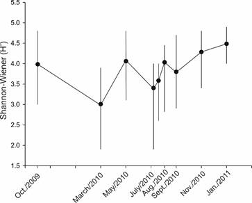Monthly values of ecological diversity (H') with averages
									(dots), and its variation considering minimum and maximum
									values, of the phytoplankton community in Acapulco Bay,
									Guerrero, Mexico, during the period studied from October 2009 to
									January 2011. In July 2010, phytoplankton collections were
									carried out on two dates 10/July/2010 and 17/July/2010