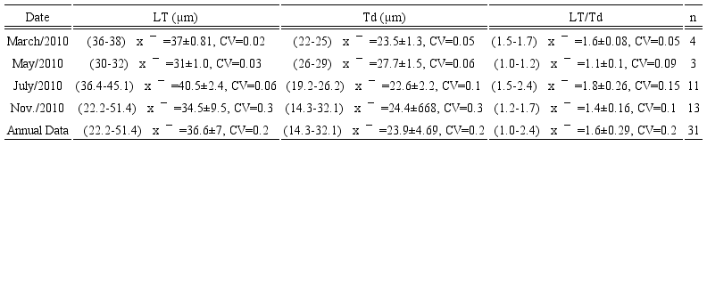 Morphometry of cells of Gymnodinium
										catenatum Graham collected in Acapulco Bay,
									Guerrero, Mexico (n=31). The range of measurements, the average
									value (x&macr;), the standard deviation (as &plusmn;), and the coefficient
									of variation (CV) are indicated. LT=Total length of the cell;
									Td=Cell transdiameter; LT/Td= Ratio total long
									cell/transdiameter
