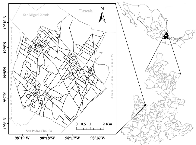 Ubicaci&oacute;n del municipio Coronango, Puebla, M&eacute;xico. Se indica dentro del municipio la red de caminos (autopistas, carreteras y terracer&iacute;as)