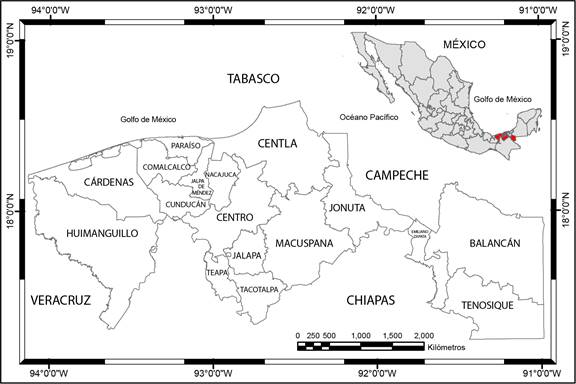 Mapa de ubicación del estado de Tabasco en México