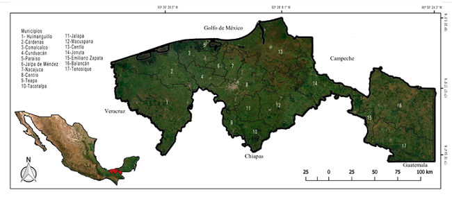 Ubicaci&oacute;n del estado de Tabasco en M&eacute;xico y su divisi&oacute;n pol&iacute;tica