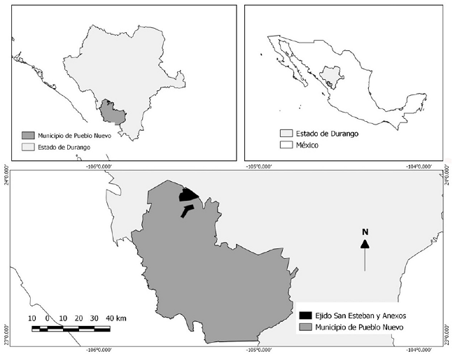 Localización del ejido San Esteban y Anexos, municipio Pueblo Nuevo,
Durango, México