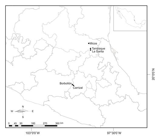 Ubicación de los ríos muestreados, con especies de cianobacterias bentónicas: ríos silíceos Borbollón y Carrizal, Estado de México, México, Región Hidrológica Administrativa IV, y ríos calcáreos La Garita, Micos y Tambaque, San Luis Potosí, Región Hidrológica Administrativa IX