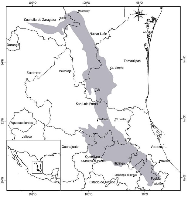 Provincia fisiogr&aacute;fica de la Sierra Madre Oriental de M&eacute;xico (SMOR), mostrando en gris la delimitaci&oacute;n de las &aacute;reas de distribuci&oacute;n natural de Abies vejarii Mart&iacute;nez, en M&eacute;xico