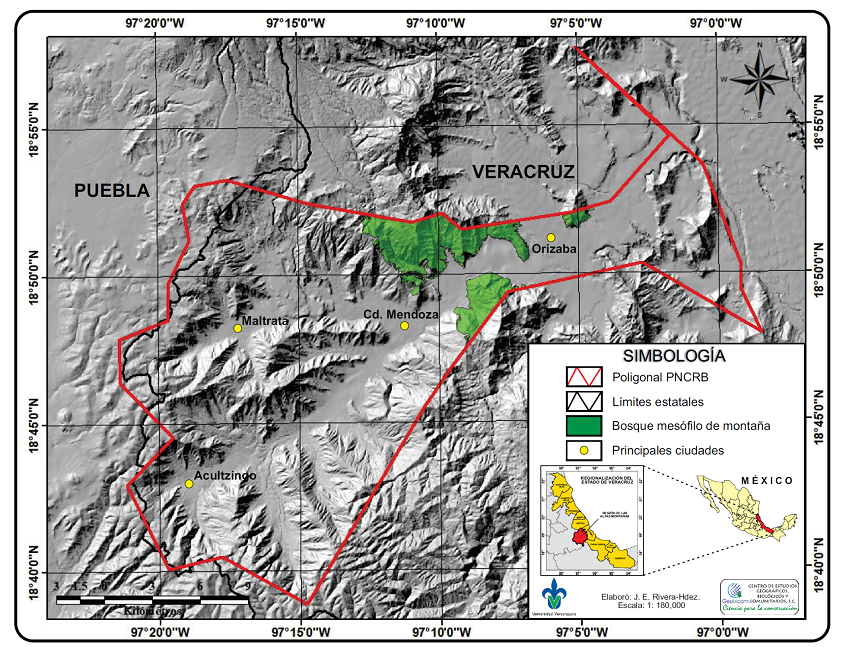Localizaci&oacute;n de los fragmentos con bosque mes&oacute;filo perturbado y sus ecotonos dentro del Parque Nacional Ca&ntilde;&oacute;n del R&iacute;o Blanco (PNCRB), Veracruz, M&eacute;xico.