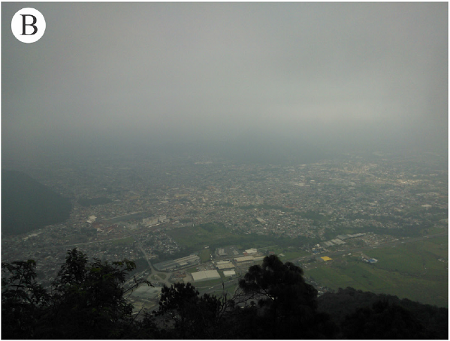 Diferentes paisajes del bosque mes&oacute;filo de monta&ntilde;a perturbado del Parque Nacional Ca&ntilde;&oacute;n del R&iacute;o Blanco (PNCRB), Veracruz, M&eacute;xico. A. Cerro San Crist&oacute;bal, entre nubes; B. vista panor&aacute;mica de la ciudad de Orizaba desde el cerro San Crist&oacute;bal, entre nubes; C. vista del bosque mes&oacute;filo del PNCRB y su continuaci&oacute;n hacia la regi&oacute;n de Zongolica. Fotograf&iacute;as: A. F. Vargas-Rueda.