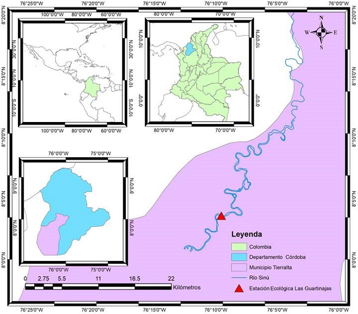 Mapa de ubicaci&oacute;n de la localidad tipo, Estaci&oacute;n Ecol&oacute;gica Las
							Guartinajas, municipio Tierralta, departamento C&oacute;rdoba,
							Colombia.