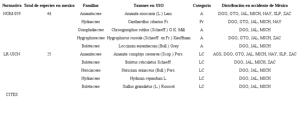 Categor&iacute;as de riesgo que presentan los hongos en San Sebasti&aacute;n del
							Oeste (SSO), Jalisco, M&eacute;xico, en cada instrumento analizado. Amenazada
							(A), Preocupaci&oacute;n menor (LC) y Sujeta a protecci&oacute;n especial (Pr).
							Aguascalientes (AGS), Durango (DGO), Guanajuato (GTO), Jalisco (JAL),
							Michoac&aacute;n (MICH), Nayarit (NAY), Sal Luis Potos&iacute; (SLP), Zacatecas
							(ZAC).