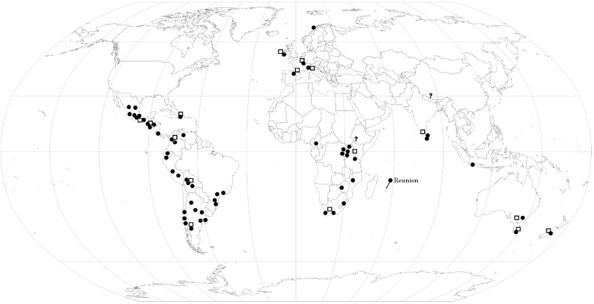 Map of the worldwide distribution of Hedwigidium Bruch & Schimp. A little square on the map indicates a literature citation. Each point on the distribution map indicates a particular specimen, of which I have corroborated the identity (see &ldquo;Specimens examined&rdquo; section). A question mark indicates a literature record not verified yet.