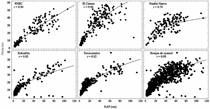 Correlaci&oacute;n entre altura y di&aacute;metro de los individuos de distintas poblaciones de Abies religiosa (Kunth) Schltdl. & Cham. Parque Nacional El Chico=PNEC, Di&aacute;metro a la altura del pecho=DAP. En todos los casos P<0.001.