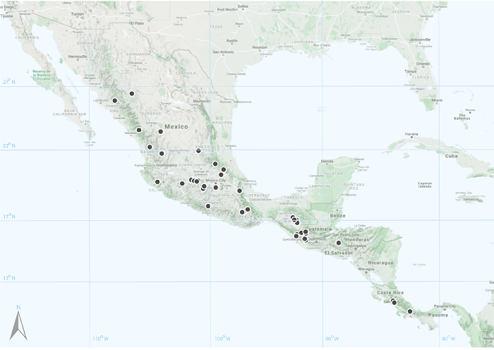 Distribution map of Braunia squarrulosa (Hampe) M&uuml;ll. Hal. Each dot is one of the specimens listed in the text.