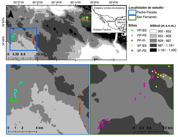 &Aacute;rea de estudio y ubicaci&oacute;n de los cinco sitios de muestreo (SF-BS=San Fernando-bosque semiconservado, SF-PE=San Fernando-pastoreo extensivo, PP-BS=Piedra Parada-bosque semiconservado, PP-PE=Piedra Parada-pastoreo extensivo, PP-PI=Piedra Parada-pastoreo intensivo) en la Depresi&oacute;n Central de Chiapas, M&eacute;xico.