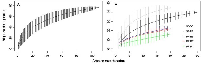 Curvas de acumulaci&oacute;n de especies de ep&iacute;fitas vasculares en 110 &aacute;rboles remanentes del g&eacute;nero Ficus L. ubicados en cinco sitios en la Depresi&oacute;n Central de Chiapas, M&eacute;xico. Las barras indican el intervalo de confianza a 95%. A. todas las especies; B. para cada sitio. SF-BS=San Fernando-bosque semiconservado, SF-PE=San Fernando-pastoreo extensivo, PP-BS=Piedra Parada-bosque semiconservado, PP-PE=Piedra Parada-pastoreo extensivo, PP-PI=Piedra Parada-pastoreo intensivo.