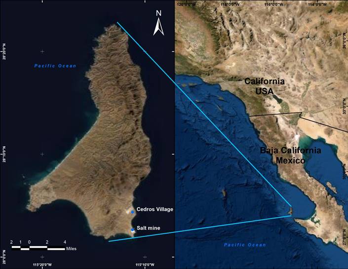 Map of Cedros Island, Baja California, Mexico.