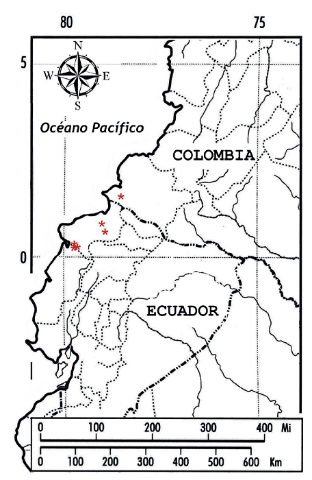 Mapa de distribución de Quararibea calycoptera Fern.Alonso & Cornejo (asteriscos color rojo).