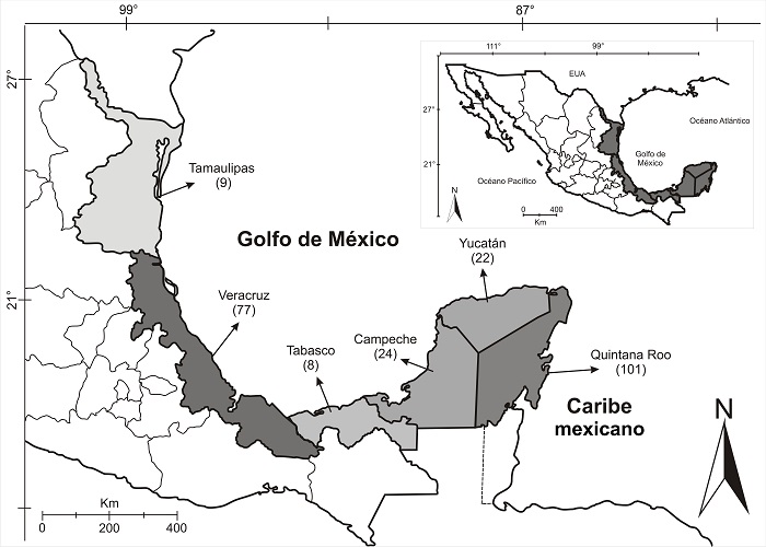 Mapa del Golfo de M&eacute;xico y Caribe mexicano mostrando el total de localidades por estado que contienen registros de algas pardas (ver datos de distribuci&oacute;n por especie en el listado flor&iacute;stico) en el Atl&aacute;ntico mexicano, indicados en par&eacute;ntesis.