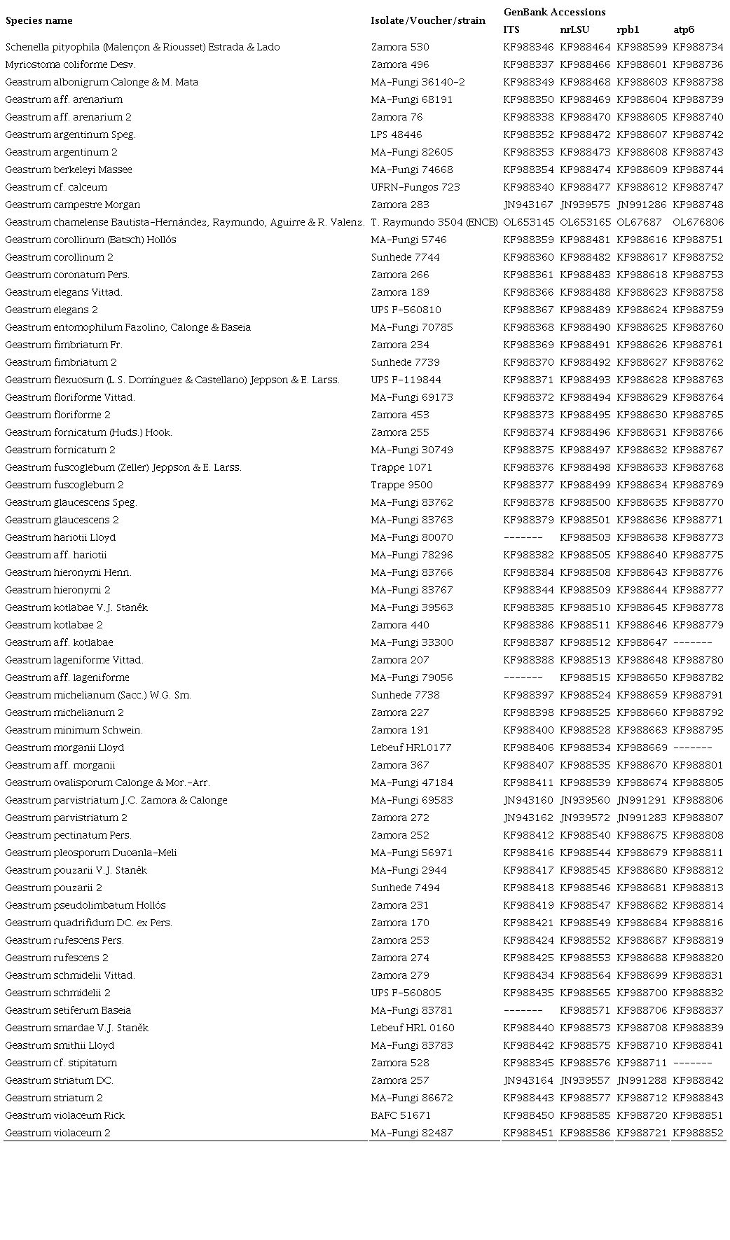 GenBank accession numbers corresponding to the sequences used in the phylogenetic analyses. In bold the accession of the new species.