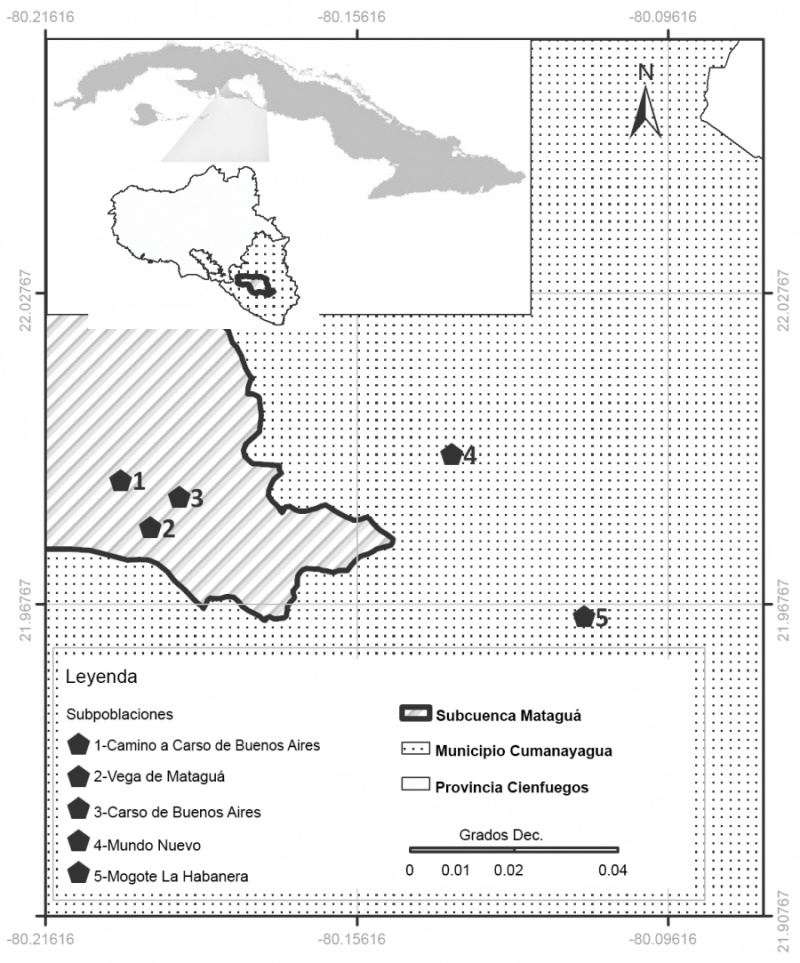 Área de estudio dentro de la provincia Cienfuegos, Cuba. Mapa elaborado por el Laboratorio de Sistema de Información Geográfica del Centro de Estudio Ambientales de Cienfuegos, Cuba (CEAC).
